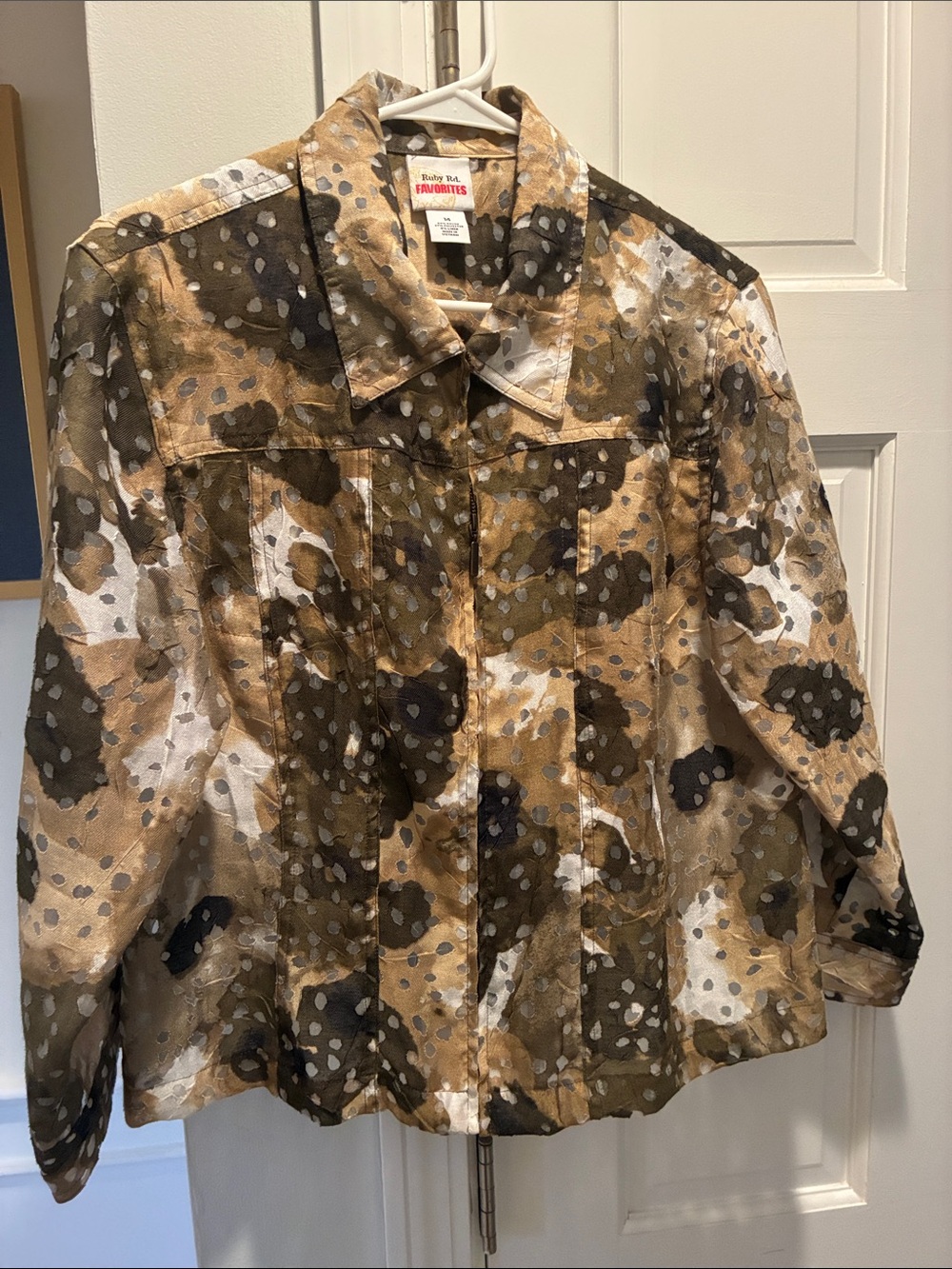 Ruby Rd. Brown, Olive & White Printed Jean Jacket